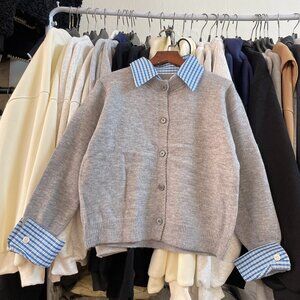 Gray Cardigan Blue Stripe Collar Cuff Preppy Sweater
